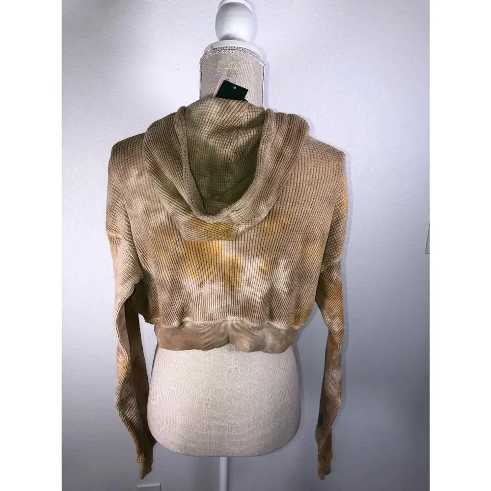 Wild Fable  Yellow and Tan Cropped Waffle Knit Thermal Hoodie - S - Picture 4 of 5